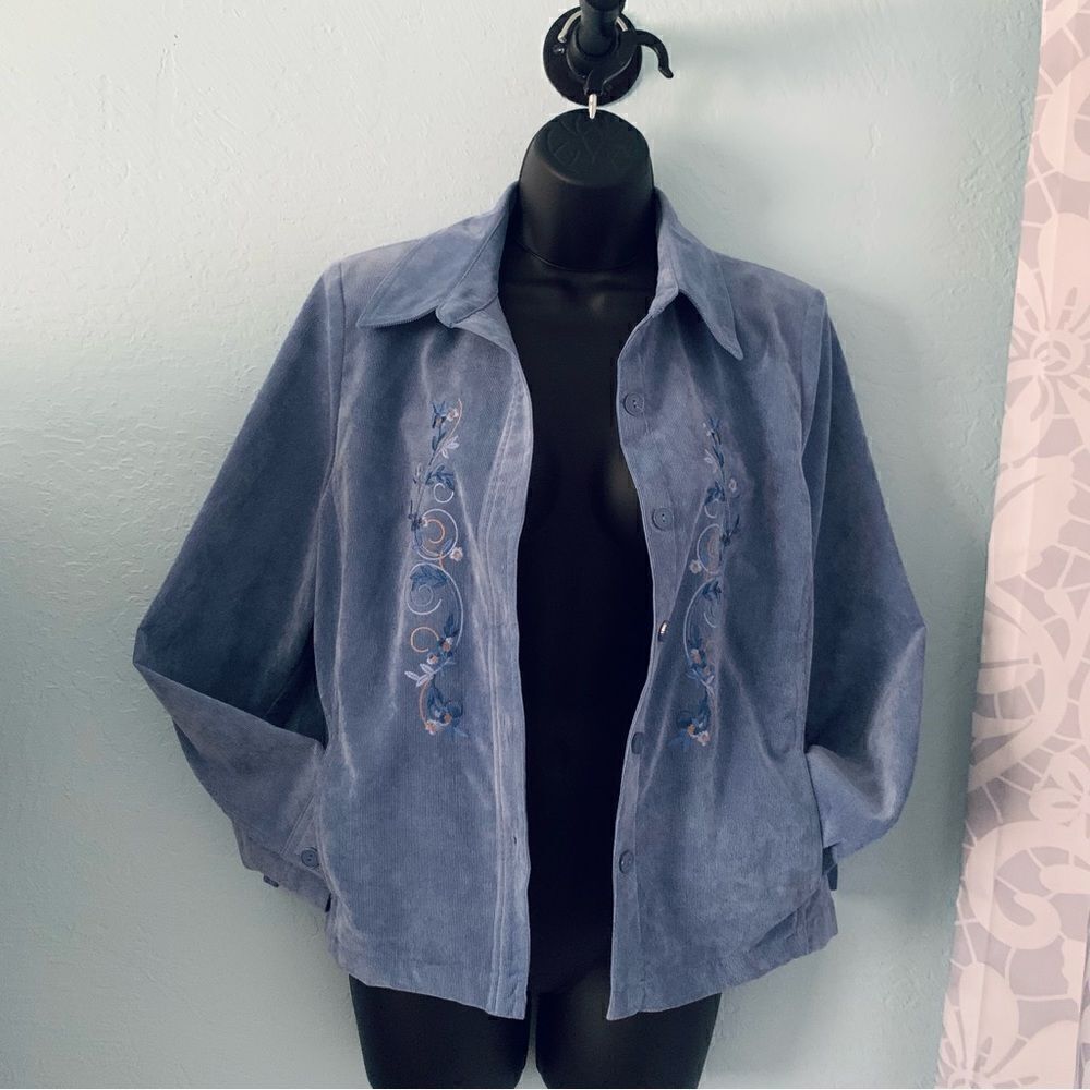 Alia Petite Blue Button Front Corduroy Jacket with Floral Embroidery Size 8P